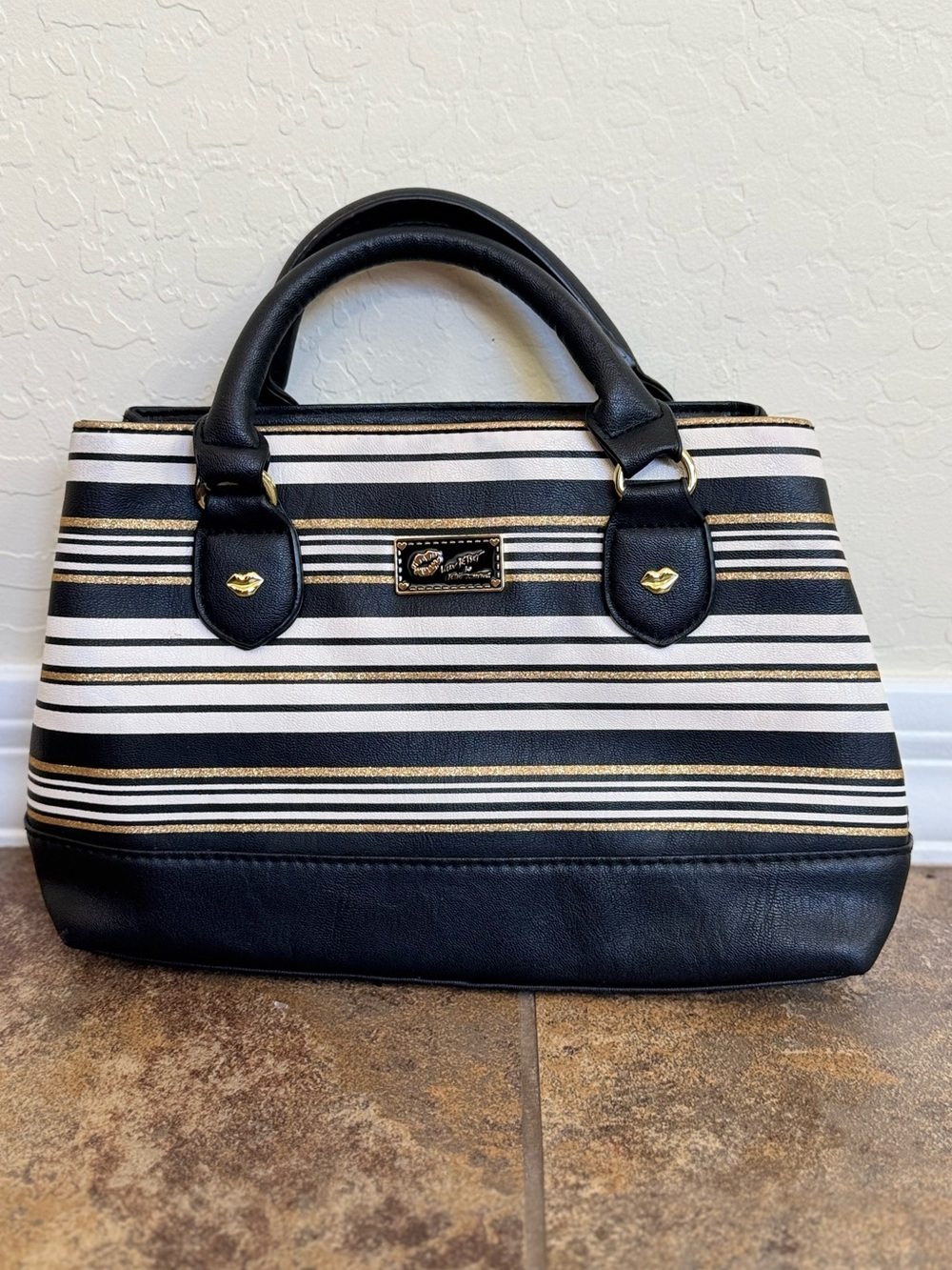 Luv Betsey by Betsey Johnson Striped Satchel Handbag Black White Gold Y2K